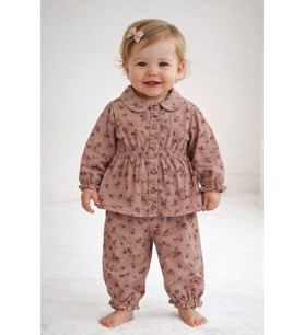 Çiçek Desenli Müslin Kız Bebek Üst ve Pantolon İkili Set Takım Babyhola 2013 (Bordo)