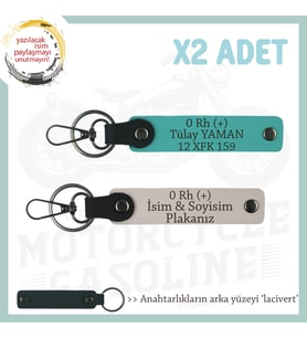 Tek Teker, İsim Plaka ve 0 Rh (+) Kan Grubu Yazılı Kişiye Özel x2 Anahtarlık, Pudra-K Turkuaz-Laci (Çok Renkli)