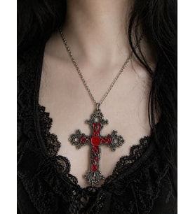 Kırmızı Detaylı Gotik Haç Kolye Unisex Metal Zincirli