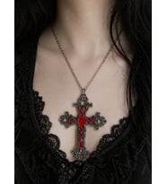 Kırmızı Detaylı Gotik Haç Kolye Unisex Metal Zincirli