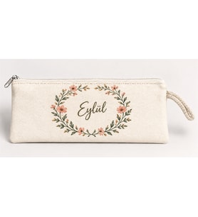 Kişiye Özel Çiçek Çelengi Baskılı Fermuarlı Clutch El Çantası Makyaj Çantası Model 01292