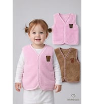 2’li Welsoft Yelek Seti Kız Bebek Çocuk Ayıcık Armalı Peluş Yumuşak Kışlık Yelek, Çıtçıtlı, Günlük (Pembe - Kahverengi)