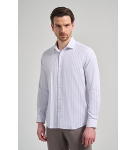Uzun Kol Çizgili Desen Bez Ayağı İtalyan Yaka Cepsiz Pamuklu Classic Slim Fit Gömlek 1004250181
