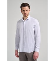 Uzun Kol Çizgili Desen Bez Ayağı İtalyan Yaka Cepsiz Pamuklu Classic Slim Fit Gömlek 1004250181 (Beyaz)