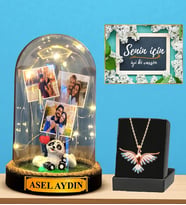 Premium Set - Kişiye Özel Led Işıklı Fanus ve Renkli Zümrüdü Anka Kuşu Kolyesi (Model 4)