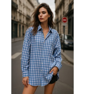 Kadın Mavi Beyaz Oversize Ekoseli Gömlek Over Fit Relaxed Gömlek