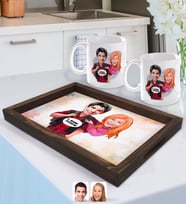 BK Gift Kişiye Özel Sevgililer Karikatürlü Doğal Ahşap Tepsi ve 2’li Kupa Bardak Seti-91