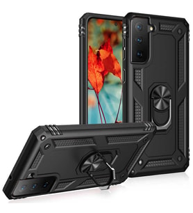 Samsung Galaxy S21 FE Kılıf Yüzüklü Standli Tank Kapak (Siyah)