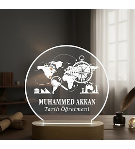 Kişiye Özel Tarih Öğretmenine Özel Kişiye Özel LED Işıklı Ahşap Masa İsimliği (Şeffaf)