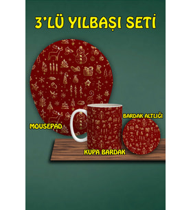 Yılbaşı Temalı 3'lü Mousepad Kupa ve Bardak Altlığı Seti