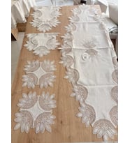 Salon Takımı Çeyizlik Krem Runner Set 5 Parça Keten Ranır Masa Konsol Sehpa Örtüsü Lady
