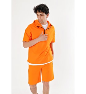 Chuba Erkek Kapüşonlu Yarım Fermuarlı Kısa Kollu Rahat Kalıp Spor Sweatshirt Oranj 23S2024