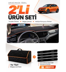 VOLKSWAGEN POLO (2022-2025) Uyumlu Torpido Örtüsü + Tay Tüyü Bagaj Çantası + Sticker Seti - Siyah Kahverengi