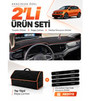 VOLKSWAGEN POLO (2022-2025) Uyumlu Torpido Örtüsü + Tay Tüyü Bagaj Çantası + Sticker Seti - Siyah Kahverengi