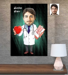 Kişiye Özel Karikatür Baskılı Ahşap Tablo Kalp Doktor Erkek-1 30x40
