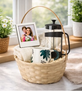 Kadınlara Özel Fotoğraflı Çerçeve Mutfak Havlusu French Press Ve El Yapımı Fincan Seti