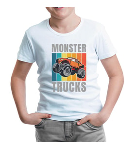 Monster Trucks wit Retro Background Beyaz Çocuk Tshirt