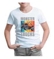 Monster Trucks wit Retro Background Beyaz Çocuk Tshirt
