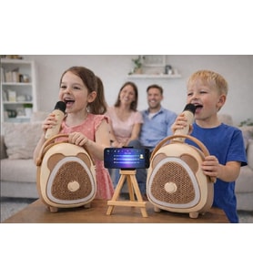 Çocuk Karaoke Mikrofon Seti Bluetooth Hoparlör Ahşap Tripod Telefon Standlı Retro Kahverengi Karaoke
