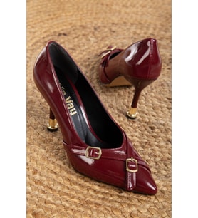 Bordo Çift Tokalı Detaylı Sivri Burunlu Stiletto (Karışık)