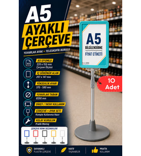 10 Adet - A5 Ayaklı Menü ve Fiyat Bilgi Standı Yuvarlak Tabanlı Teleskopik Çerçeve Etiketlik Turkuaz