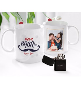 BK Gift Kişiye Özel Babalar Günü Hediyesi Fotoğraflı Kupa Bardak ve Benzinli Çakmak Seti-35 (Model 1)