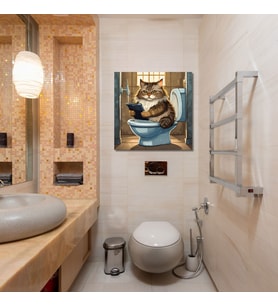 Tekli Kare Kanvas Banyo Tablosu Tabletle Oynayan Tüylü Tekir Kedi
