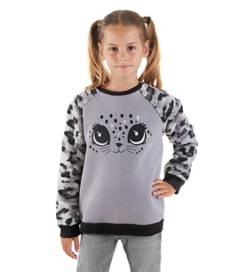 Leopar Peluş Kız Çocuk Sweatshirt (Gri)