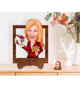 BK Gift Kişiye Özel Kadın Emlakçı Karikatürlü Ahşap Standlı 3D Biblo-2 (Beyaz)