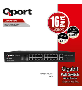 QPORT Q-POE16G 16 PORT 10/100/1000 16 PORT POE 2 PORT UPLINK + 1 SFP 200W YONETILEMEZ DESKTOP SWITCH