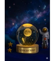 Kişiye Özel 3D Ay Merdiveni Temalı Kristal Küre Led Gece Lambası – USB'li Ahşap Standlı LED Lamba