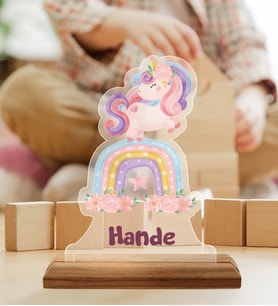 BK Gift Kişiye Özel İsimli Unicorn Tasarımlı Ahşap Standlı Pleksi Biblo-1