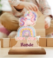 BK Gift Kişiye Özel İsimli Unicorn Tasarımlı Ahşap Standlı Pleksi Biblo-1
