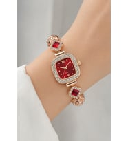 Rose Gold Kırmızı Taşlı Minimal Özel Seri Kadın Kol Saati