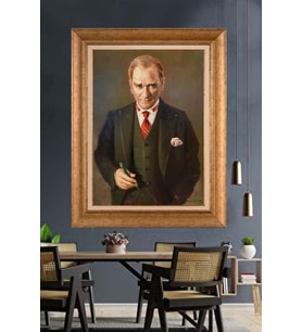 Altın Varaklı Çerçeveli Paspartulu Atatürk Tablo nh254 (Gold)