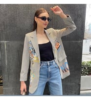 CNG MODA Astarlı Ekoseli Baskılı Blazer Ceket