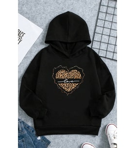 Kalp Baskılı Erkek - Kız Çocuk Rahat Kalıp Sweatshirt (Siyah)