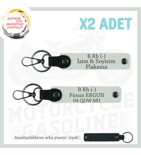 Biker Stiline Uygun İsim Plaka ve B - Kan Grubu Yazılı Acil Durum Deri x2 Anahtarlık Seti, Beyaz-Syh