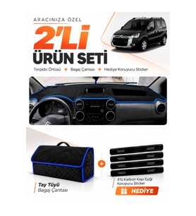 CITROEN BERLINGO B9 KAPAKSIZ EKRANLI (2008-2017) Uyumlu Torpido Örtüsü + Tay Tüyü Çanta Seti - Siyah Mavi