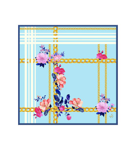Çiçekli Desen Gold Seri Twill Eşarp Eşarp Askısı ile Birlikte 90x90 cm Bebe Mavi