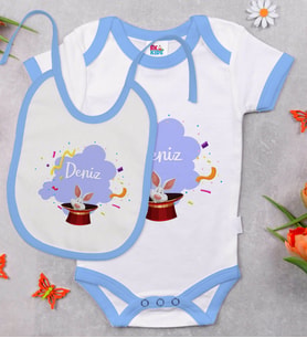 BK Kids Kişiye Özel Sihirbaz Tasarımlı Mavi Bebek Body Zıbın ve Mama Önlüğü Hediye Seti-1