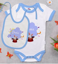 BK Kids Kişiye Özel Sihirbaz Tasarımlı Mavi Bebek Body Zıbın ve Mama Önlüğü Hediye Seti-1