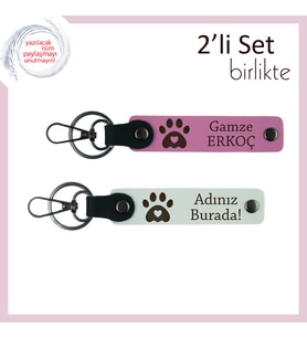 Kedi Sahibi Babaya Kişisel Tasarım, Kalpli Pati Temalı Hediyelik Anahtarlık Seti, Pembe-Beyaz