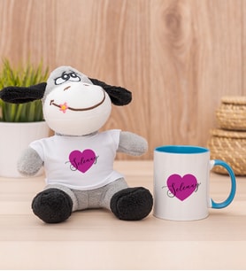 Kişiye Özel Mor Kalpli İsimli Peluş Eşek ve Mavi Kupa