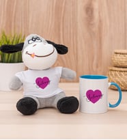 Kişiye Özel Mor Kalpli İsimli Peluş Eşek ve Mavi Kupa