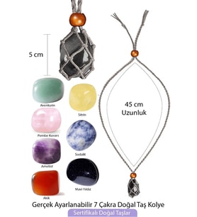 Sertifikalı Şifa Kolye Seti Makrome Örgülü 7 Çakra  Doğal Taş Kolye Ayarlanabilir - Gri (Çok Renkli)