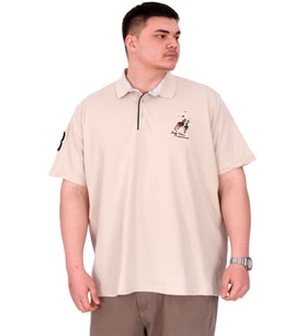 Mode XL Büyük Beden Erkek T-Shirt Polo Yaka Nakış Detaylı U25311 Bej