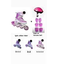Işıklı Çocuk Pateni Ayarlanılabilir Silikon Tekerli Frenli Metal Gövdeli Paten ve Kask Dizlik Set 34-37 (Mor)