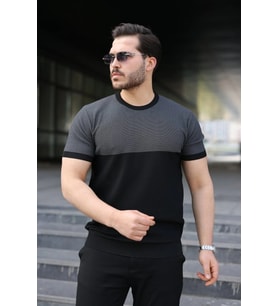 Erkek Renk Bloklu Bisiklet Yaka Kısa Kollu Triko Tişört