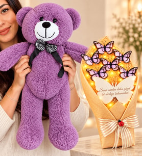50 cm Büyük Boy Mor Peluş Ayıcık ve LED Işıklı Aynalı Beyaz Kelebek Buketi Sevgiliye Hediye